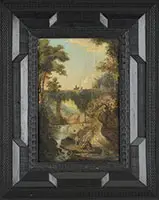 Bridge Over Falls with Figures by Unsigned, Oil on wood panel, sold Aug 2013