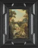 Unsigned, Bridge Over Falls with Figures, Oil on wood panel