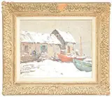 Hobart Nichols, Boatyard in Winter, Oil on canvas board