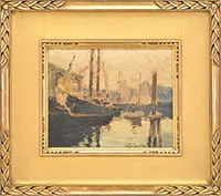 Anthony Thieme, Harbor View with Green Schooner, Oil on board
