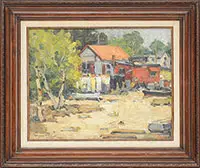 Walter Farndon, Landscape with House and Boats, Oil on masonite