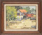 Walter Farndon, Landscape with House and Boats, Oil on masonite