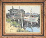 Walter Farndon, Lobster Boat at Dock, Oil on canvas board