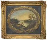 Unsigned, New England Landscape with Lake Bordered with Oak Leaves, Oil on canvas