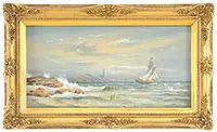 Benjamin Champney, Sailing Off a New England Lighthouse, Gouache
