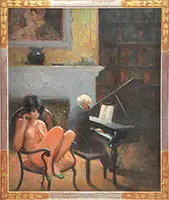 William H. Harnden, Interior with Nude and Pianist, Oil on Masonite