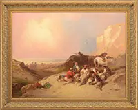 Pirates Resting on a Beach by George Washington Nicholson, Oil on wood panel, sold Aug 2013