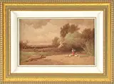 George Washington Nicholson, Girl with Geese in Landscape, Oil on canvas