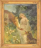 Carl Kahler, Woman with Her Dog Feeding Apples to Her Horse, Oil on canvas