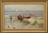 Attilio Pratella, Men with Fishing Boat on Beach, Oil on board
