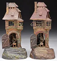 Nam Greb, Pair of Bronze Lamp/Music Boxes, Depicting a cobbler in his shop Polychrome bronze