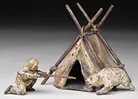 Unsigned, Tent, Bear, and Hunter, Cold-painted polychromed bronze