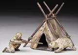 Unsigned, Tent, Bear, and Hunter, Cold-painted polychromed bronze