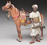 Bergman Foundry, Arab Standing with Gun Next to Horse, Cold-painted polychromed bronze
