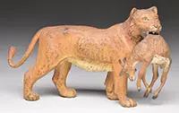 Lion with Sable Antelope in Mouth by Unsigned, Cold-painted polychromed bronze, sold Aug 2013