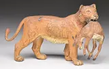 Unsigned, Lion with Sable Antelope in Mouth, Cold-painted polychromed bronze