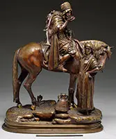 Alfred Dubucand, Cavalier Et Femme Arabe a La Fontaine, Bronze with brown to light brown patina