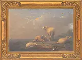 Francois Vandeverdonck, Sheep and Ducks in Landscape, Oil on wood panel