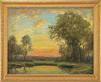 Harold Lee Phelan, Sunset Landscape with Pond and Boat, Oil on canvas