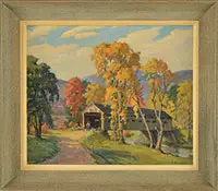 Jacob I. Greenleaf, Covered Bridge, Vt, Oil on canvas