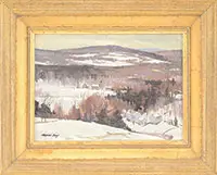 Winter Landscape by Bernard Corey, Oil on canvas mounted to masonite, sold Aug 2013