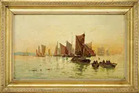 Ships on Calm Water at Sunset by Charles de Lacy, Oil on canvas, sold Aug 2013