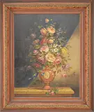 Unsigned, Still Life in Vase with Curtain, Oil on mahogany panel