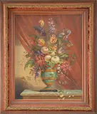 Unsigned, Still Life with Vase and Curtain, Oil on mahogany panel