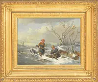 Gathering Sticks in Winter by Unsigned, Oil on canvas, sold Aug 2013