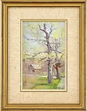 Mike Graves, The Red Barn, Oil on board late fall scene shows a red barn with two tall trees, grass and stone wall