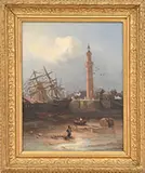 Signed, Low Tide at the Shipyard, Oil on canvas