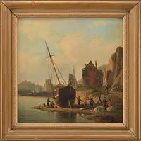 Signed, Figures with Boat at Low Tide, Oil on canvas laid on board