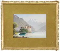 Signed, Lakeside Castle, Gouache
