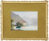 Signed, Lakeside Castle, Gouache