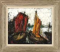 Boats at Dock by Signed, Oil on canvas, sold Aug 2013