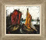 Signed, Boats at Dock, Oil on canvas