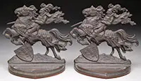 Unsigned, Pair of Bronze Knight on Horseback Bookends and Pirate Hinged Box, Bronze (bookends) Spelter (box)