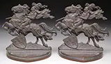 Unsigned, Pair of Bronze Knight on Horseback Bookends and Pirate Hinged Box, Bronze (bookends) Spelter (box)