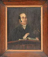 Portrait of a Gentleman by Unsigned, Oil on wood panel half portrait of a gentleman in black coat at a lectern giving a speech from an open book, sold Aug 2013