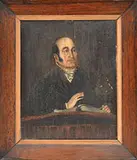 Unsigned, Portrait of a Gentleman, Oil on wood panel half portrait of a gentleman in black coat at a lectern giving a speech from an open book