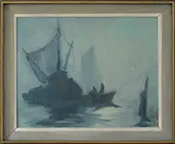 Tod Lindenmuth, Two Works: “Lobstermen” and “The Harbor at Dawn, Oil on Masonite