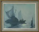 Tod Lindenmuth, Two Works: “Lobstermen” and “The Harbor at Dawn, Oil on Masonite