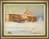 William Harnden, Figure with Horse and Cart Outside Mission in Winter, Oil on board
