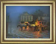 William Harnden, Stage Coach Pulling Up to Hotel at Night, Oil on board
