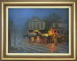 William Harnden, Stage Coach Pulling Up to Hotel at Night, Oil on board
