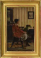 Orson Lowell, Woman in Red, Oil on board