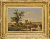 Thomas Hewes Hinckley, Panoramic View with Farm, Cows & Sheep, Oil on canvas