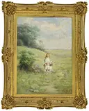 Emma Levinia Swan, Young Girl Picking Flowers in Landscape, Oil on canvas