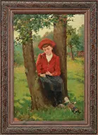 Henry Orne Ryder, Girl with Her Doll in Landscape, Oil on canvas, mounted on board Mounted in a fine leaf decorated gilt frame