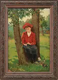 Henry Orne Ryder, Girl with Her Doll in Landscape, Oil on canvas, mounted on board Mounted in a fine leaf decorated gilt frame